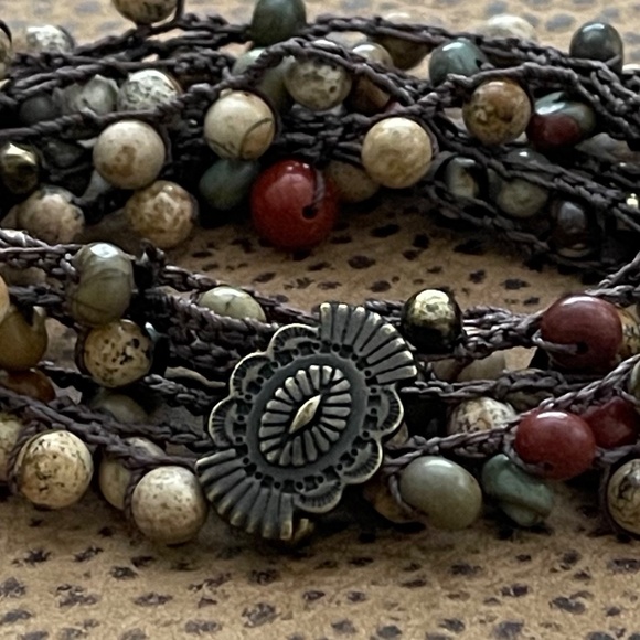 ARTISAN Necklace Jasper Mix on Chocolate Long Crocheted Wrap and Earrings Set - Picture 9 of 15